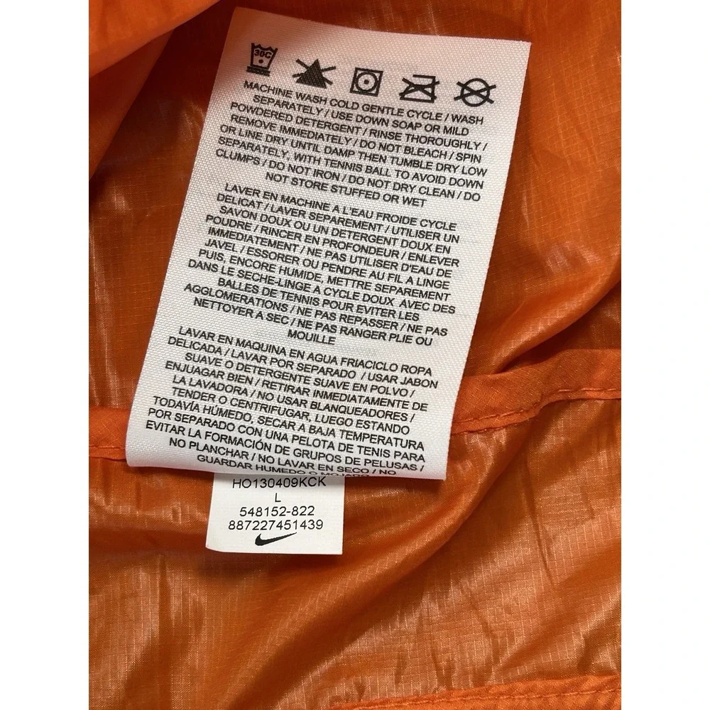 Nike Aeroloft 800 Running Vest Vibrant Orange Full Zip Men's Large Goose Down